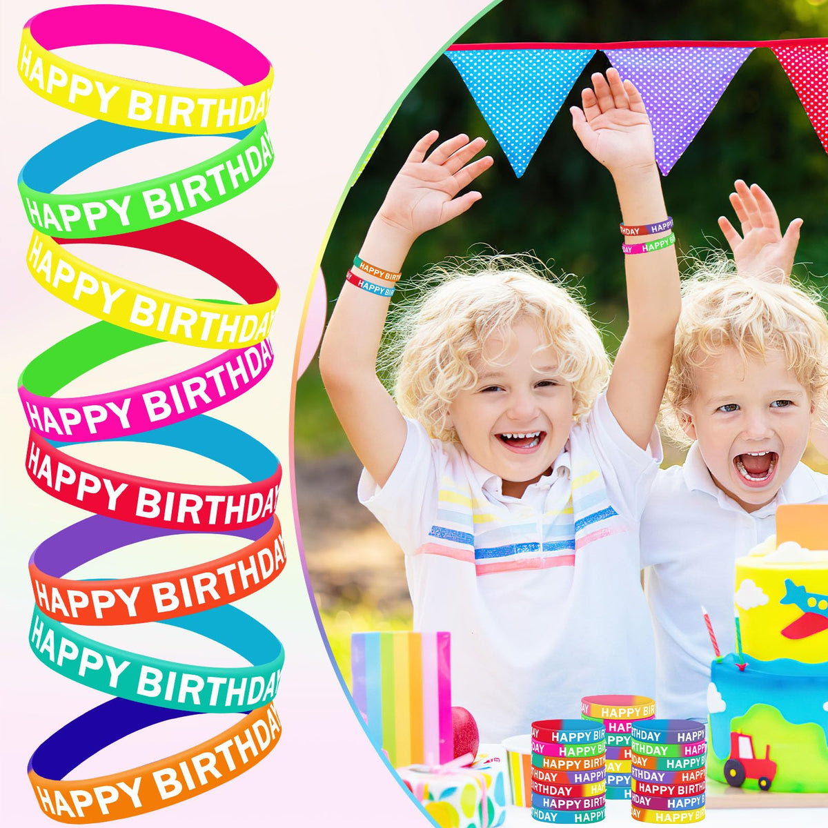JUNEBRUSHS 64pcs Happy Birthday Silicone Wristbands – 16 Designs for Classroom Rewards & Party Decor