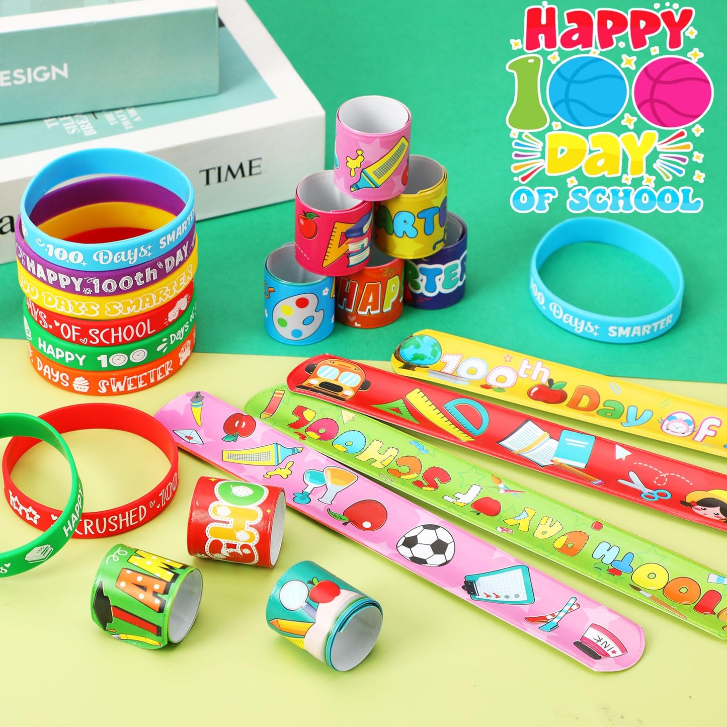 JUNEBRUSHS 100 Days of School Silicone Slap Bracelets – 50 Pcs Party Favors & Classroom Rewards
