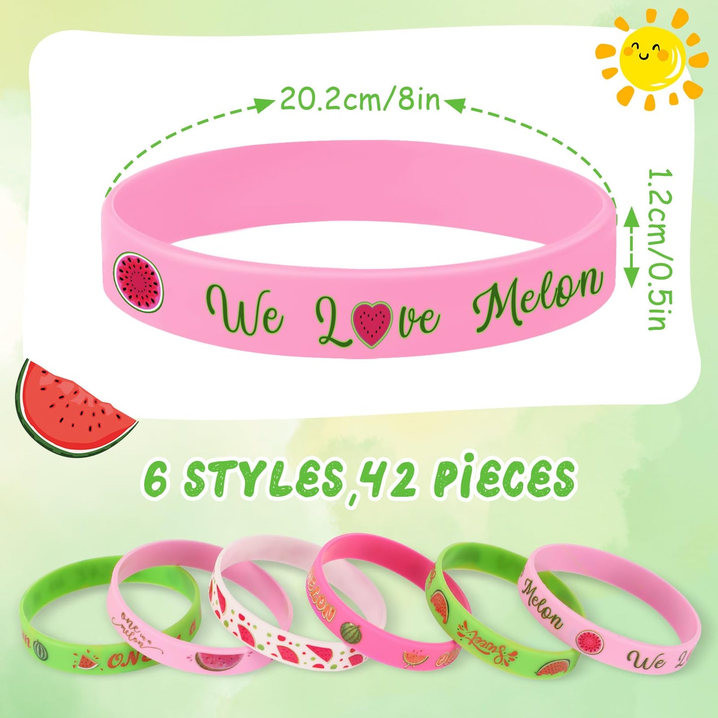 JUNEBRUSHS One In a Melon Party Favors – 42 Watermelon Silicone Wristbands for 1st Birthday & Summer Parties