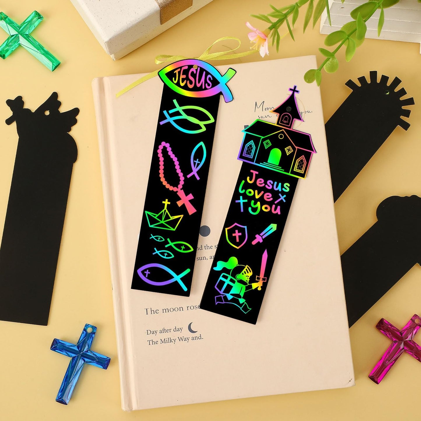 JUNEBRUSHS 30Pcs Rainbow Scratch Bookmarks for Kids – Easter Religious Crafts for Sunday School & Church