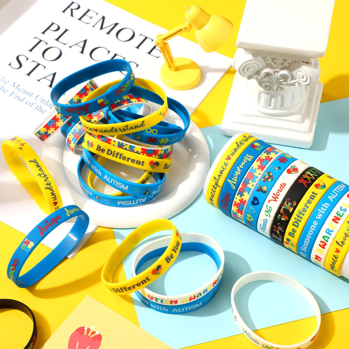 JUNEBRUSHS 64-Piece Autism Awareness Wristbands — Colorful Puzzle Silicone Bracelets