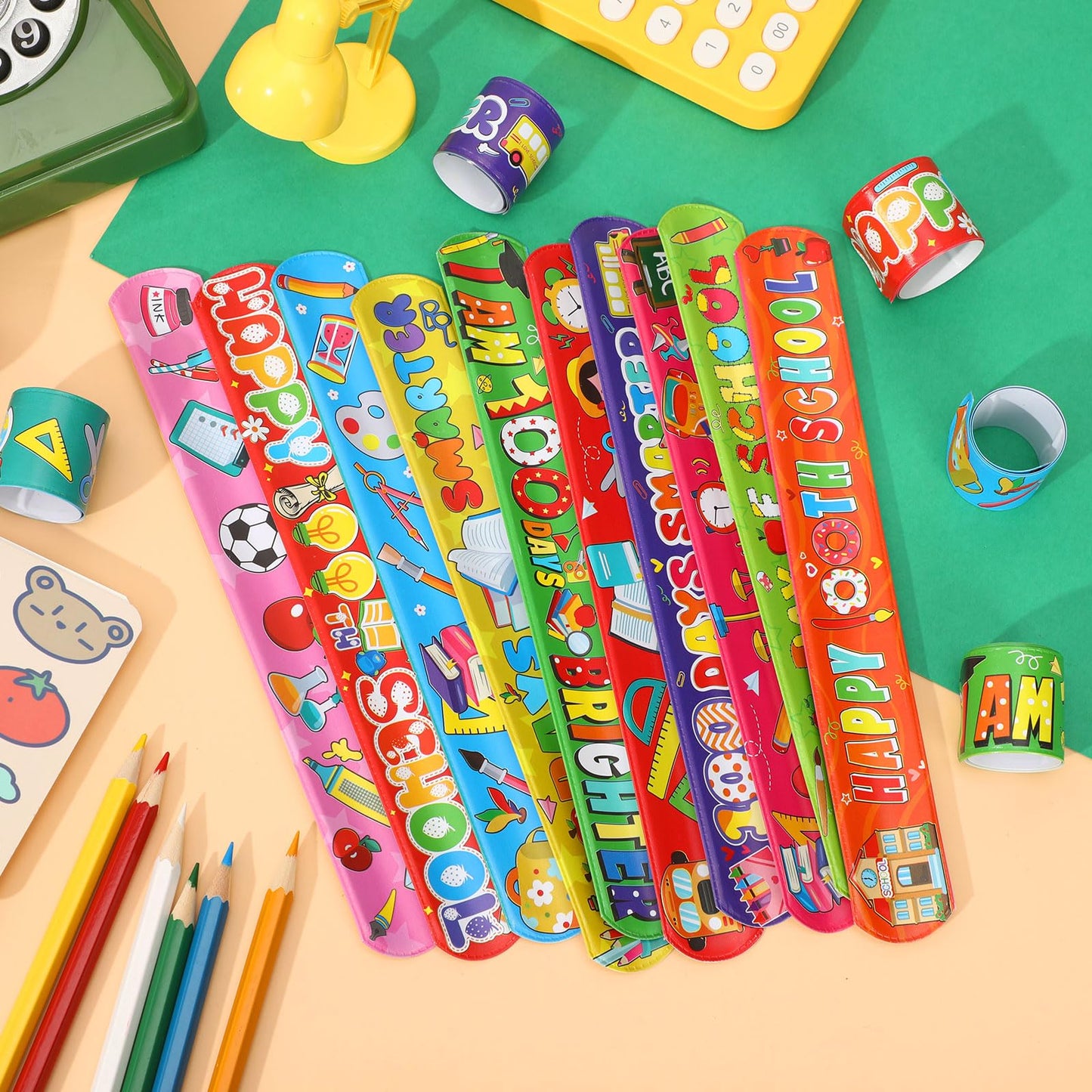 JUNEBRUSHS 100 Days of School Slap Bracelets - 56 Pcs for Classroom Rewards