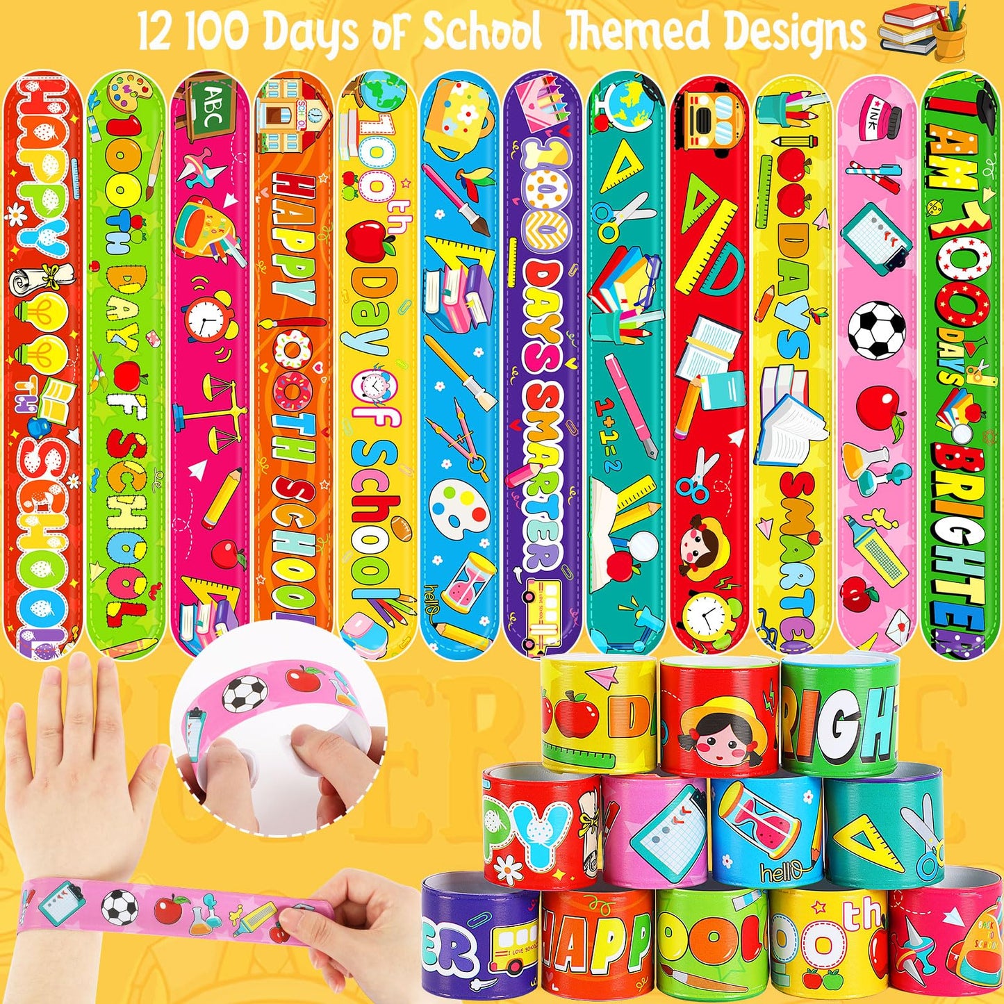 JUNEBRUSHS 100 Days of School Slap Bracelets - 56 Pcs for Classroom Rewards