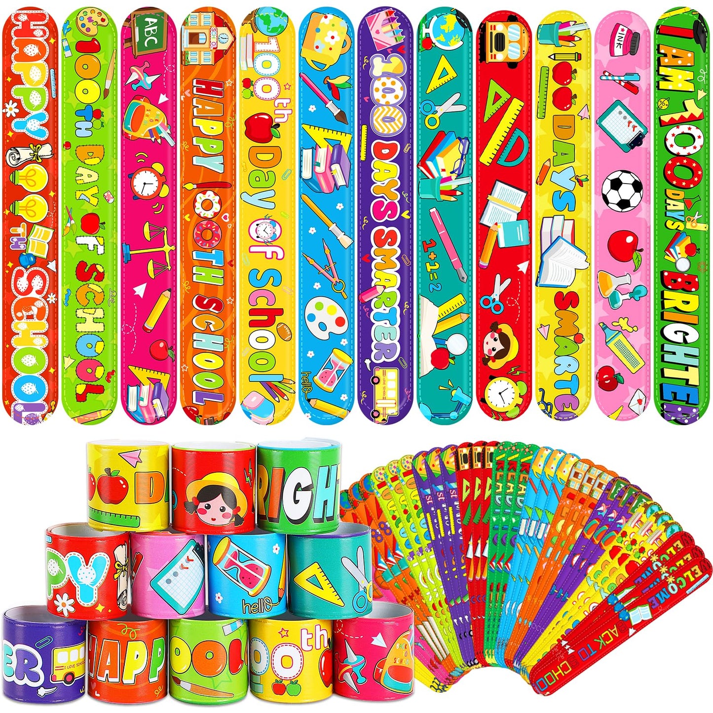 JUNEBRUSHS 100 Days of School Slap Bracelets - 56 Pcs for Classroom Rewards