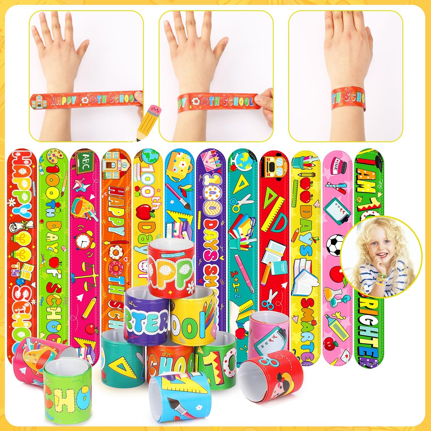JUNEBRUSHS 100 Days of School Slap Bracelets - 56 Pcs for Classroom Rewards