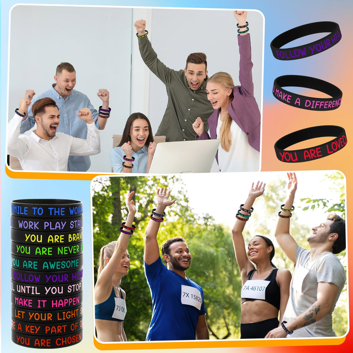 JUNEBRUSHS 64pcs Motivational Silicone Bracelets — Black, 16 Designs for Classroom Rewards & Back-to-School Gifts