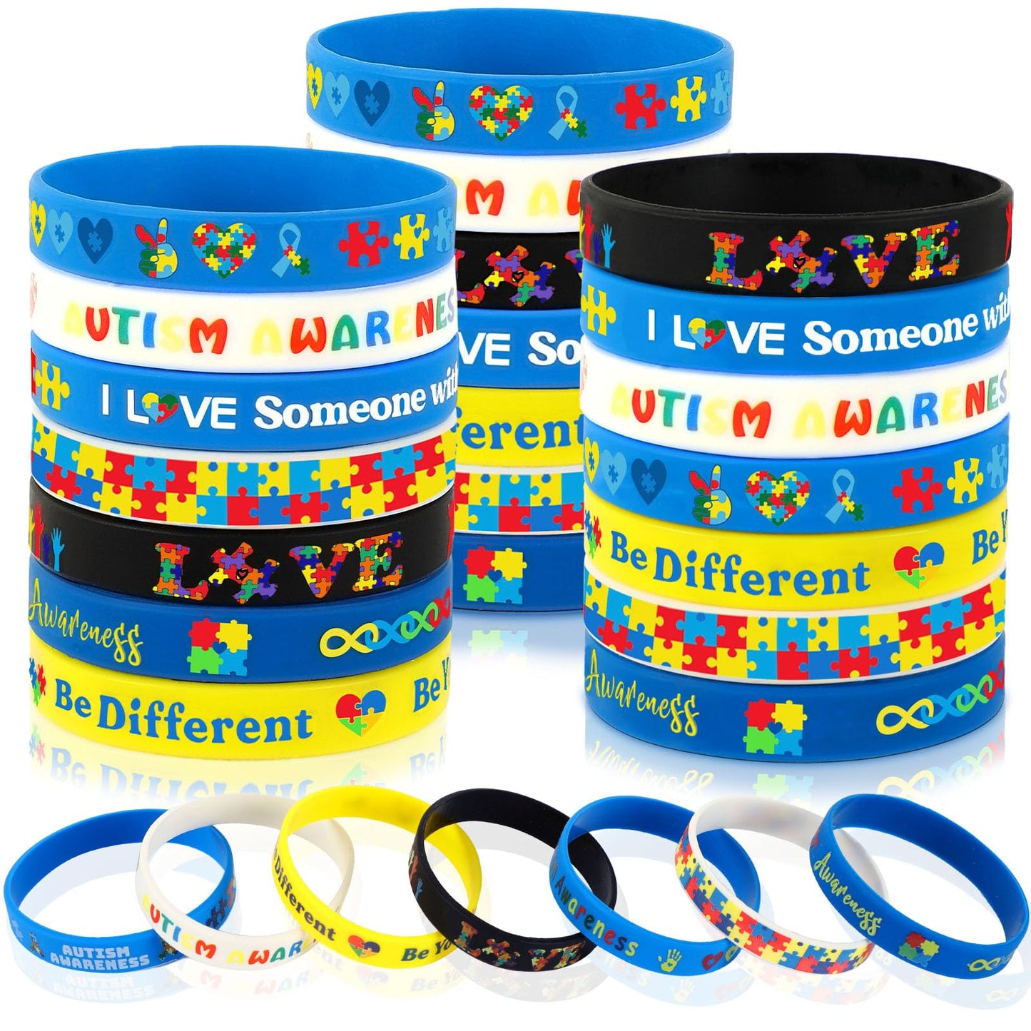 JUNEBRUSHS 42pc Autism Awareness Silicone Bracelets – 7 Puzzle-Design Styles
