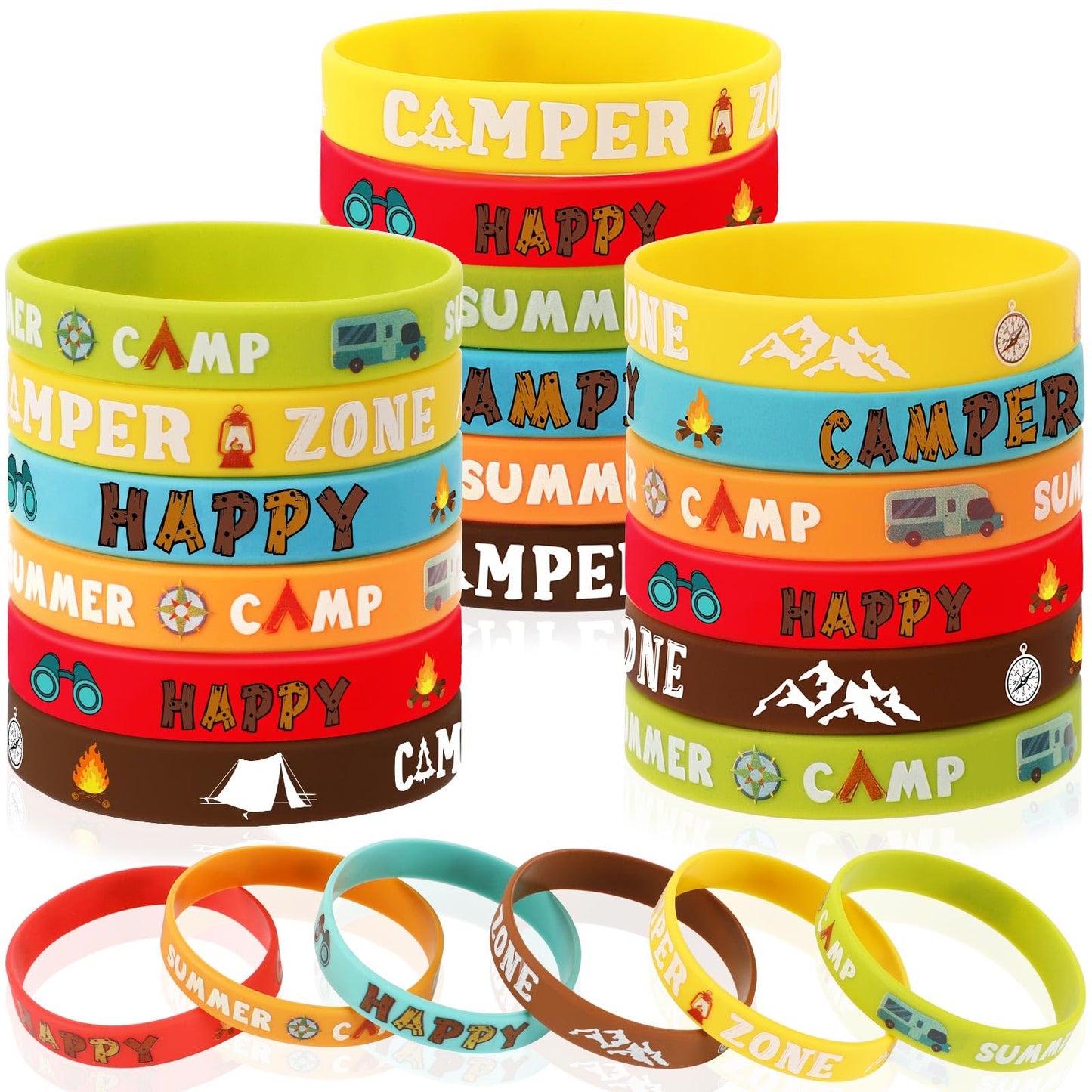 JUNEBRUSHS 42pcs Camping Silicone Bracelets – 6 Designs for Kids & Adults