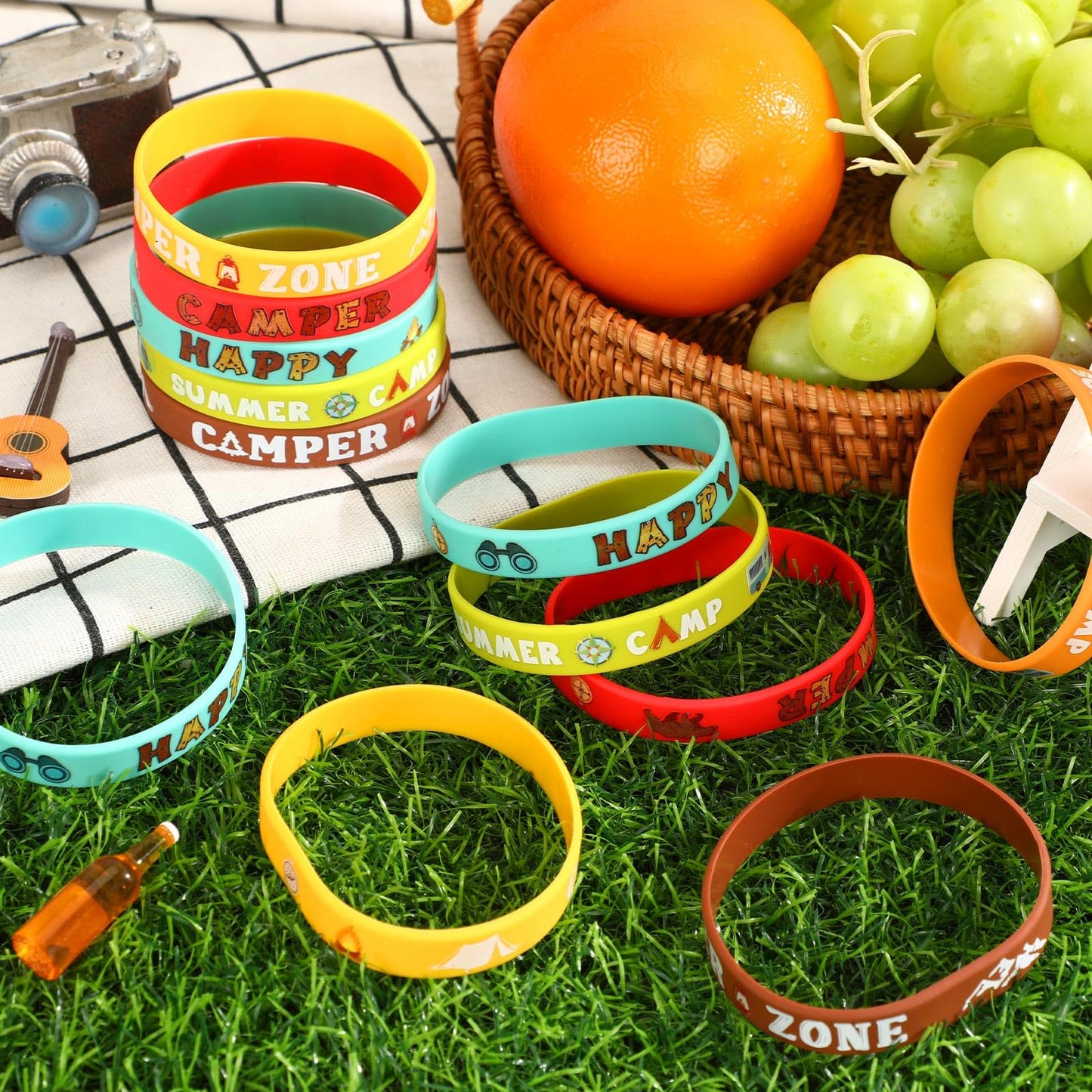 JUNEBRUSHS 42pcs Camping Silicone Bracelets – 6 Designs for Kids & Adults