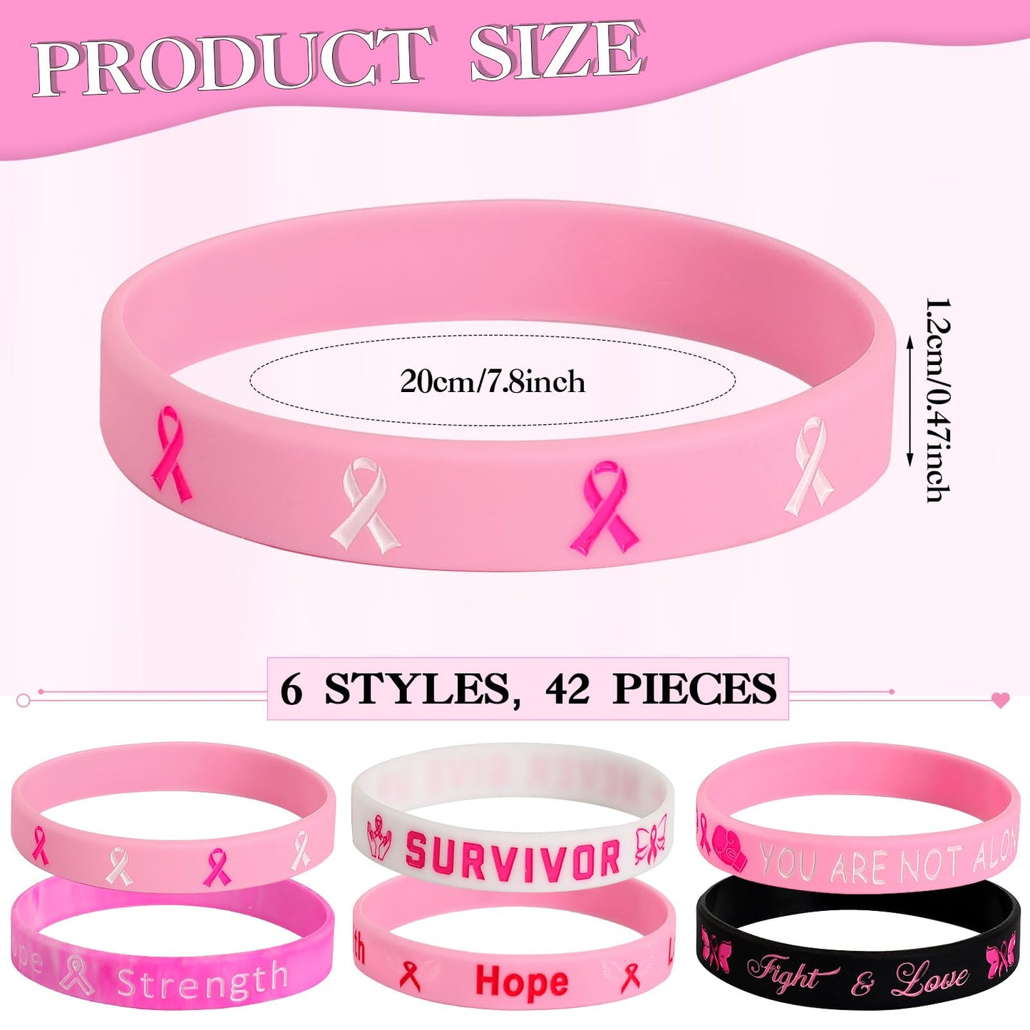 JUNEBRUSHS 42pcs Breast Cancer Awareness Silicone Bracelets – 6 Designs, 7 Each