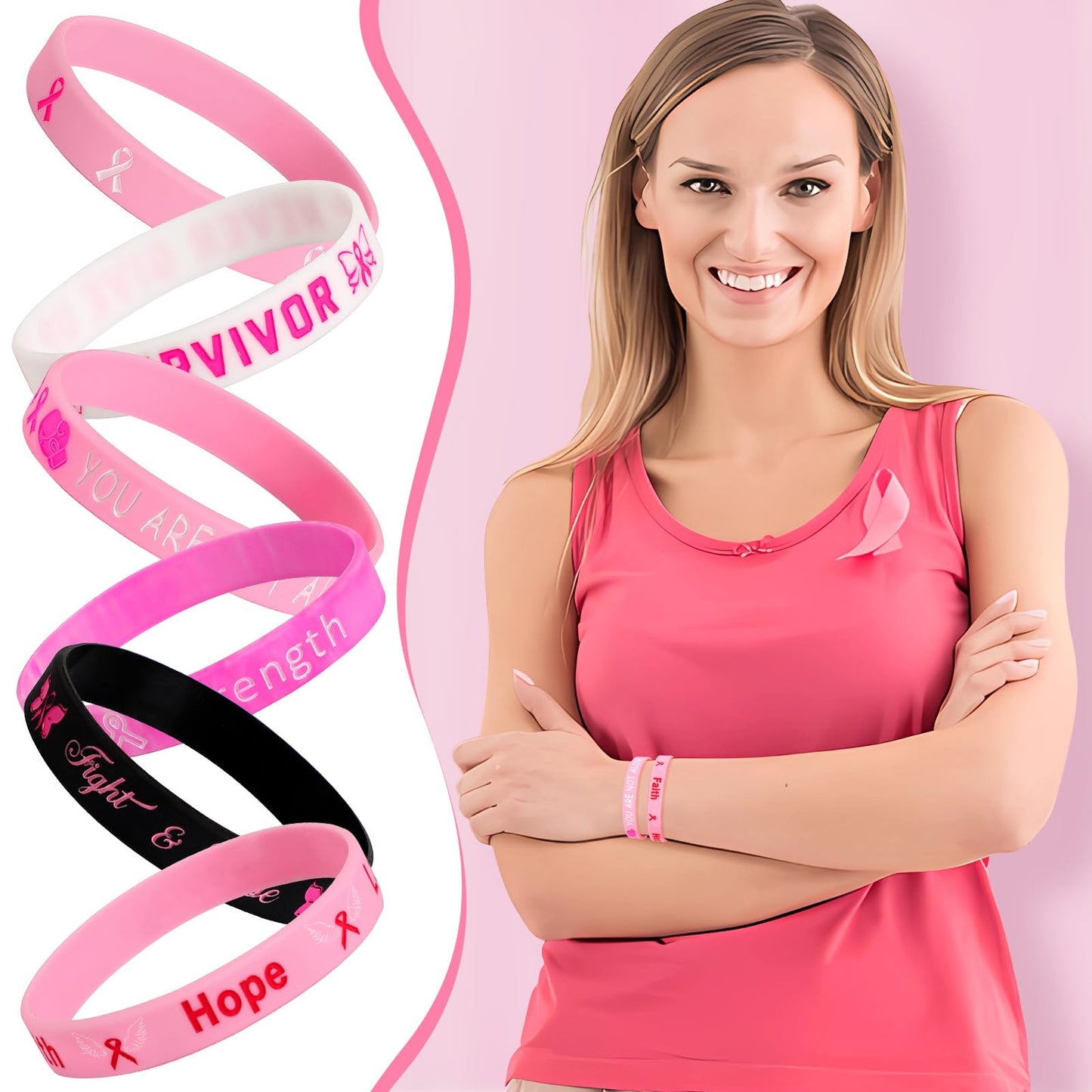 JUNEBRUSHS 42pcs Breast Cancer Awareness Silicone Bracelets – 6 Designs, 7 Each