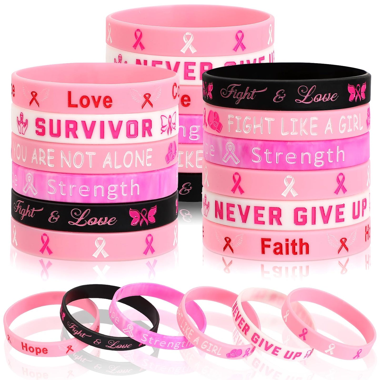 JUNEBRUSHS 42pcs Breast Cancer Awareness Silicone Bracelets – 6 Designs, 7 Each