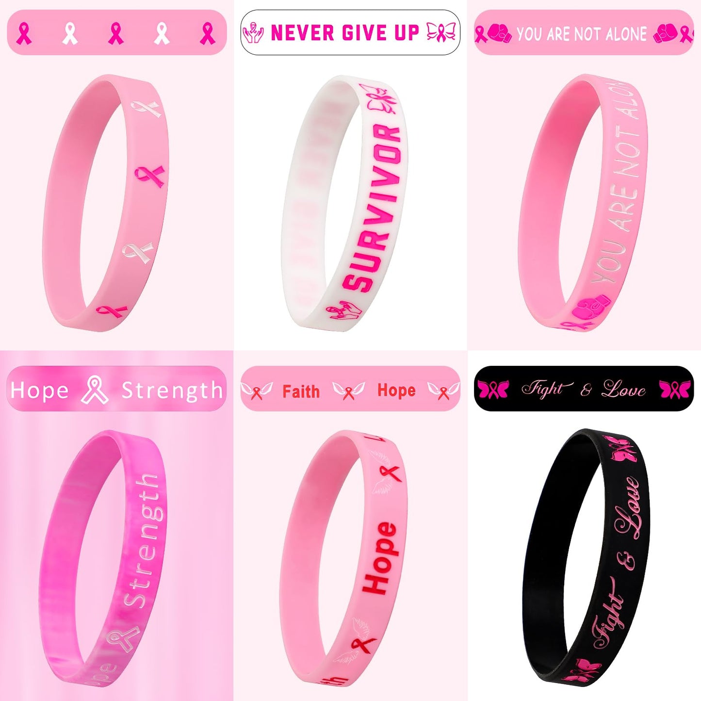 JUNEBRUSHS 42pcs Breast Cancer Awareness Silicone Bracelets – 6 Designs, 7 Each