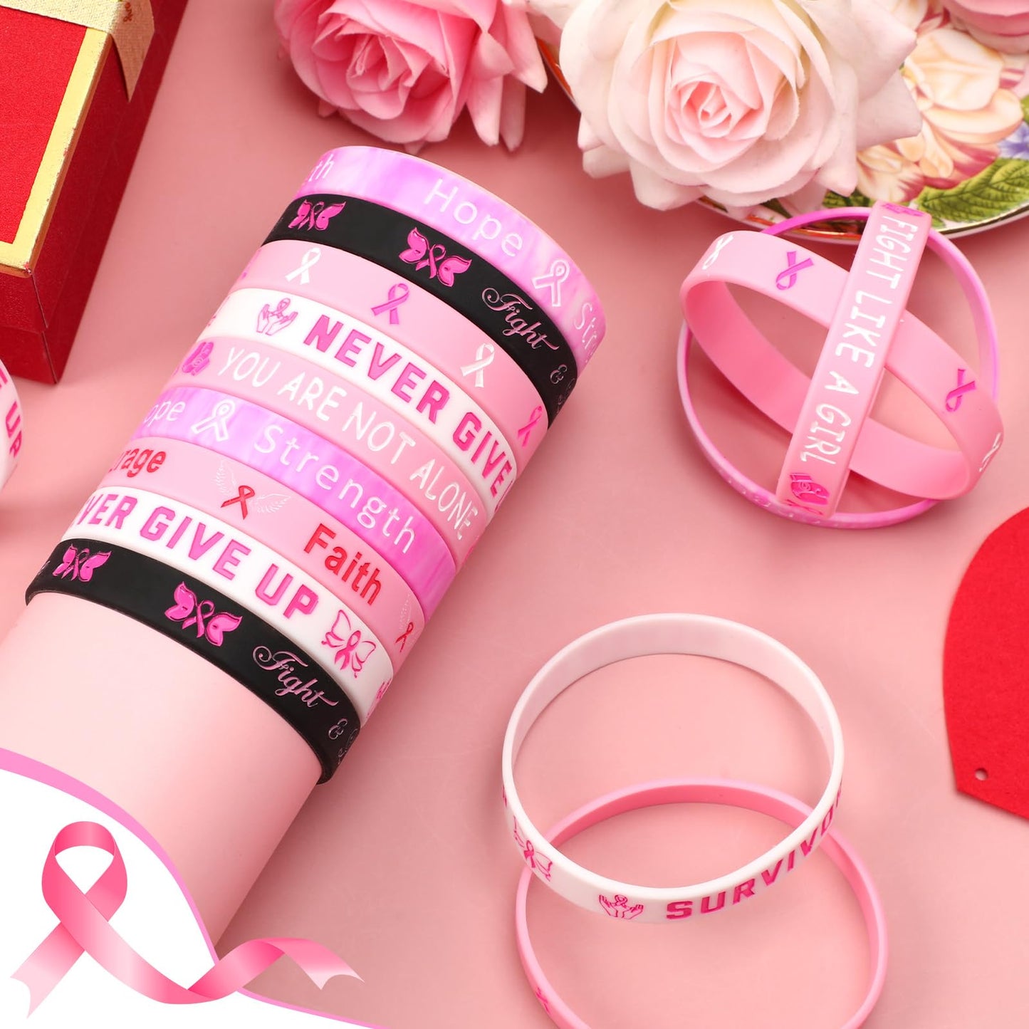 JUNEBRUSHS 42pcs Breast Cancer Awareness Silicone Bracelets – 6 Designs, 7 Each