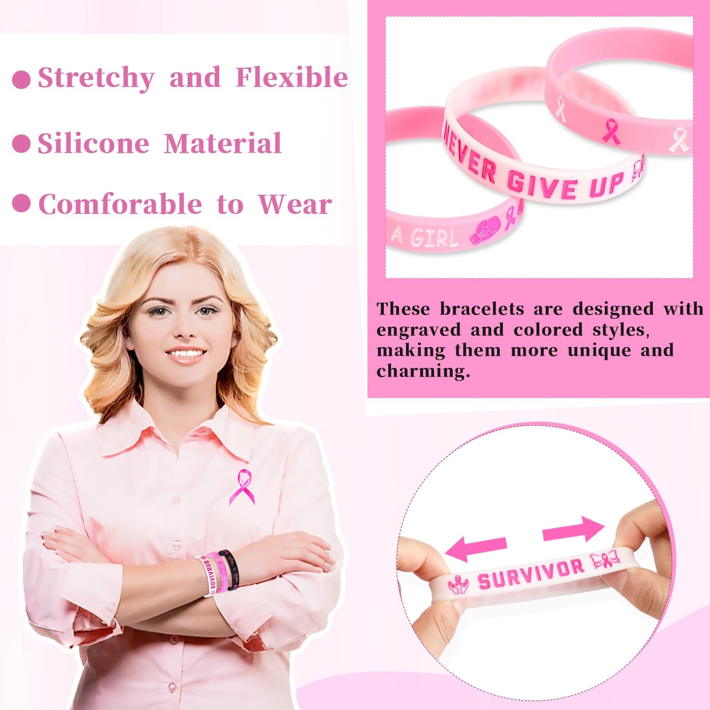 JUNEBRUSHS 42pcs Breast Cancer Awareness Silicone Bracelets – 6 Designs, 7 Each