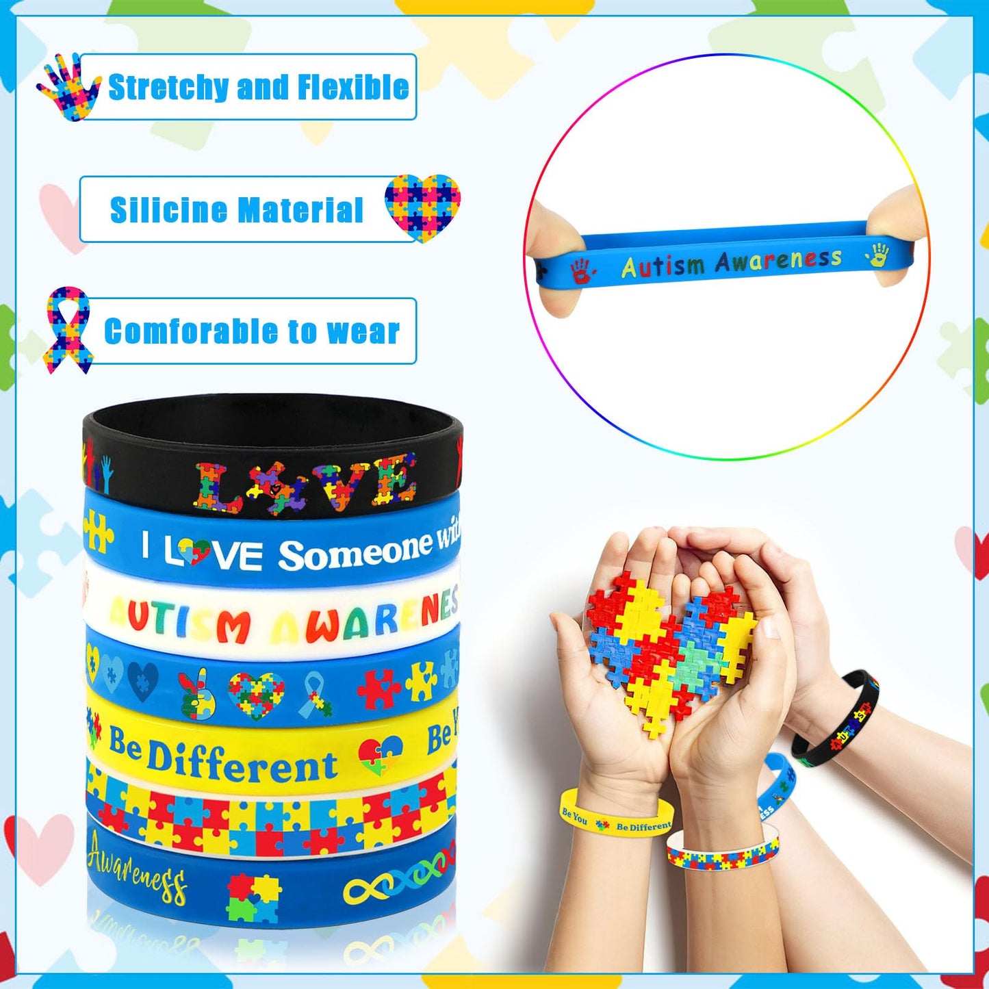 JUNEBRUSHS 42pc Autism Awareness Silicone Bracelets – 7 Puzzle-Design Styles