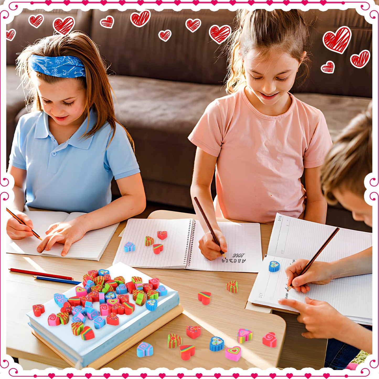 JUNEBRUSHS Erasers for Kids Bulk – 150 Heart Mini Erasers for Classrooms & Party Favors