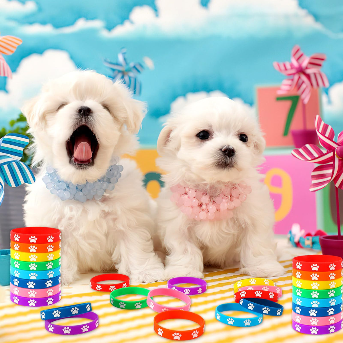 JUNEBRUSHS 56Pcs Paw Print Silicone Bracelets – 8 Designs for Dog Birthday Parties, Favors & Decorations