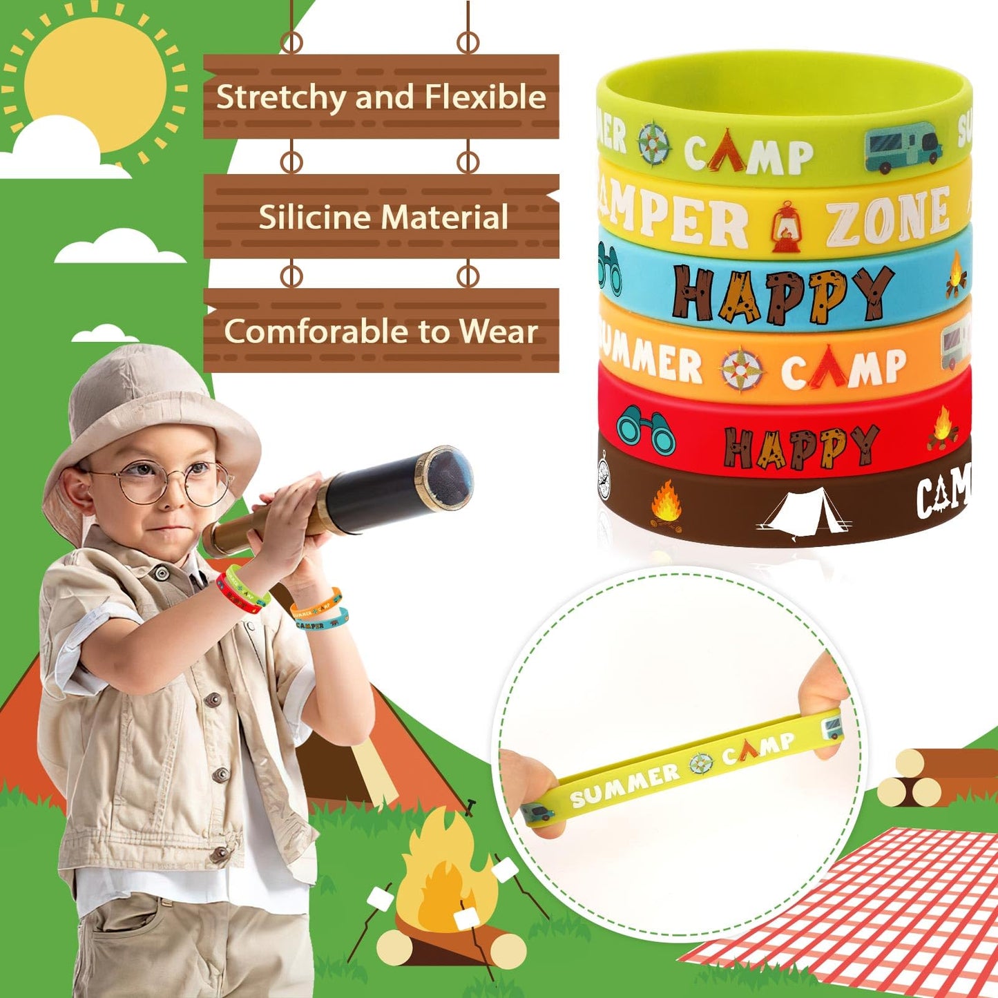 JUNEBRUSHS 42pcs Camping Silicone Bracelets – 6 Designs for Kids & Adults