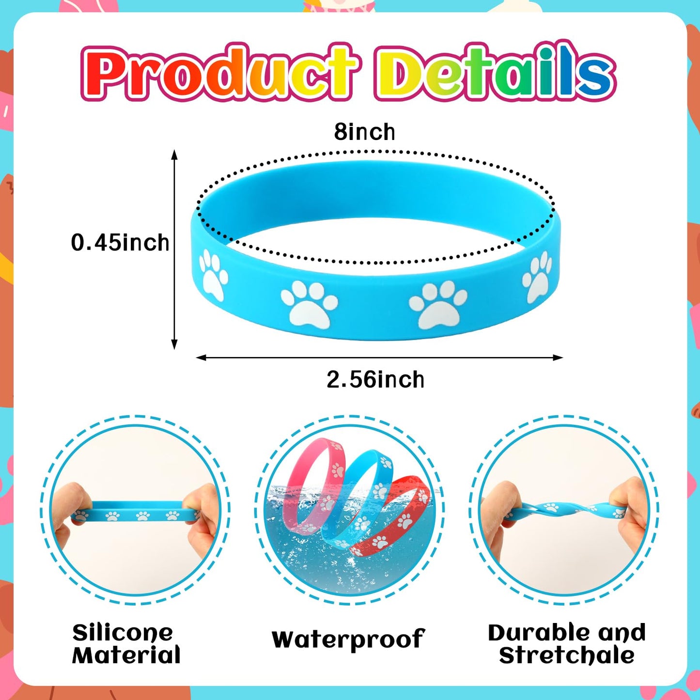 JUNEBRUSHS 56Pcs Paw Print Silicone Bracelets – 8 Designs for Dog Birthday Parties, Favors & Decorations