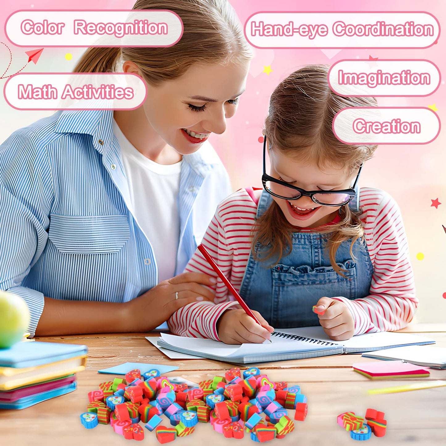 JUNEBRUSHS Erasers for Kids Bulk – 150 Heart Mini Erasers for Classrooms & Party Favors