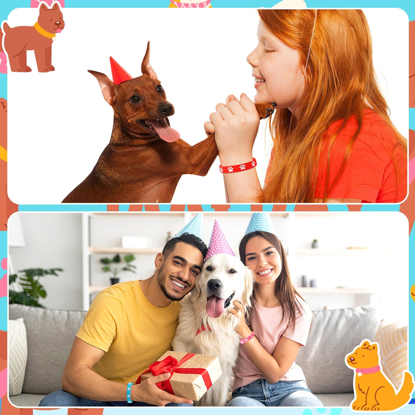 JUNEBRUSHS 56Pcs Paw Print Silicone Bracelets – 8 Designs for Dog Birthday Parties, Favors & Decorations