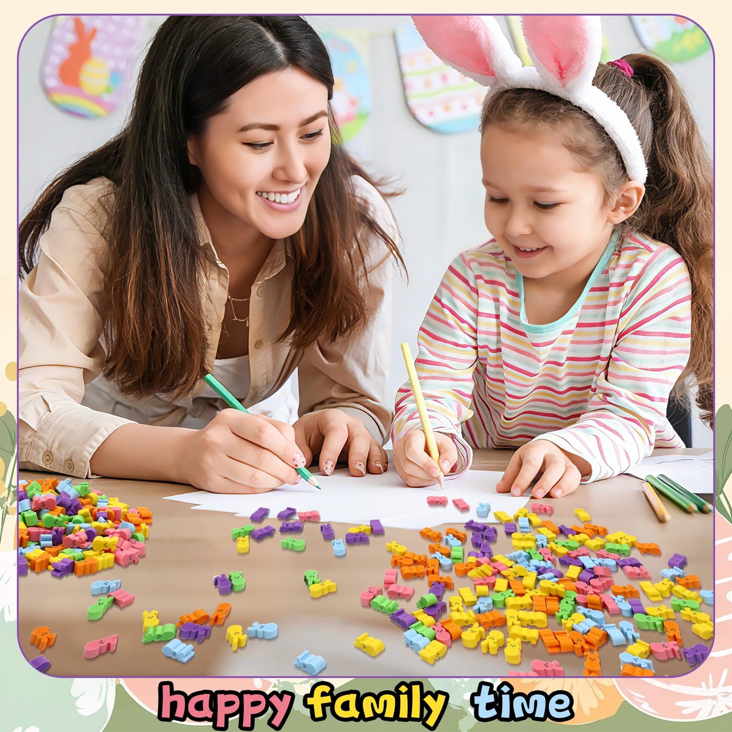 JUNEBRUSHS 300 Pcs Easter Bunny Mini Erasers – 6-Color Bulk Pack for Classroom Prizes