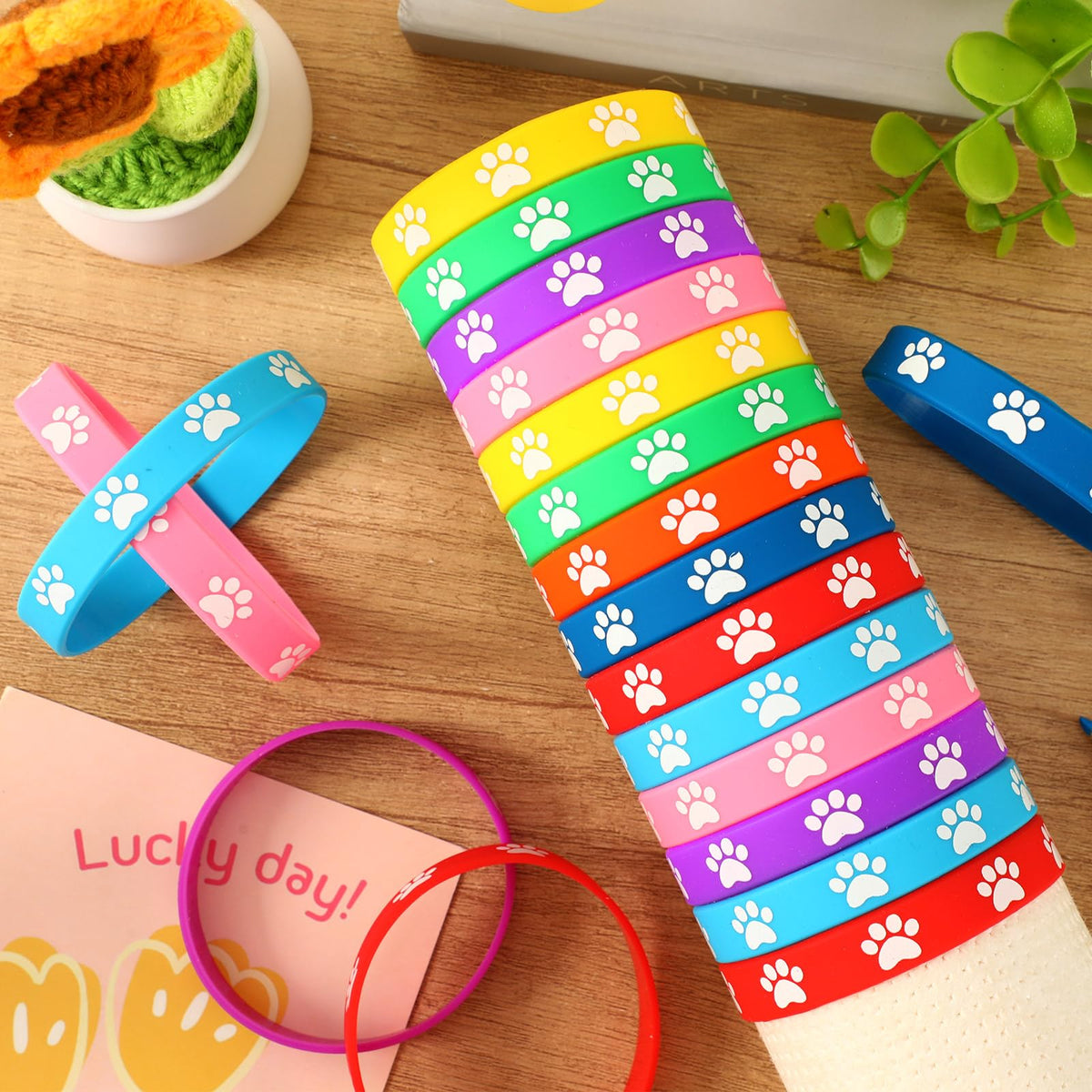 JUNEBRUSHS 56Pcs Paw Print Silicone Bracelets – 8 Designs for Dog Birthday Parties, Favors & Decorations