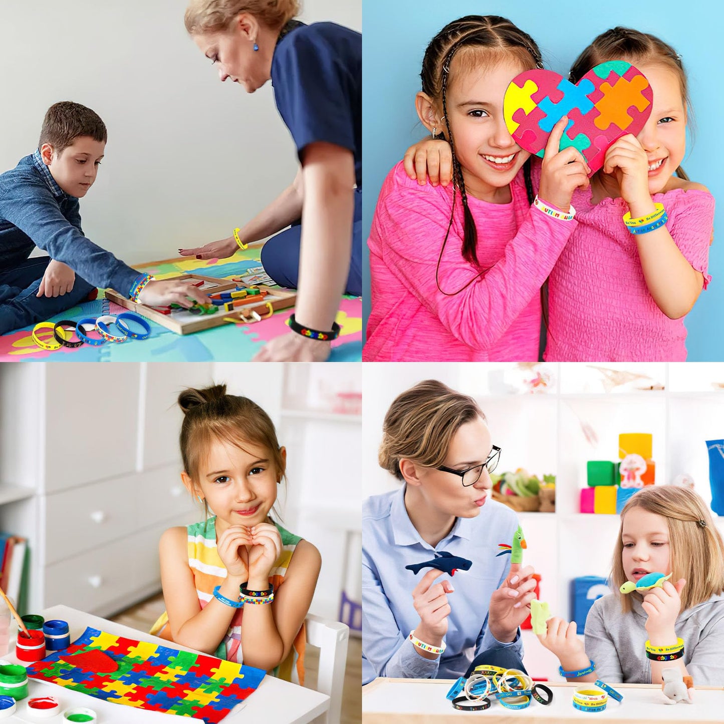JUNEBRUSHS 42pc Autism Awareness Silicone Bracelets – 7 Puzzle-Design Styles