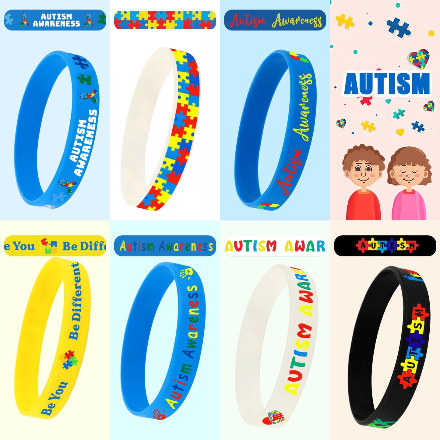 JUNEBRUSHS 42pc Autism Awareness Silicone Bracelets – 7 Puzzle-Design Styles