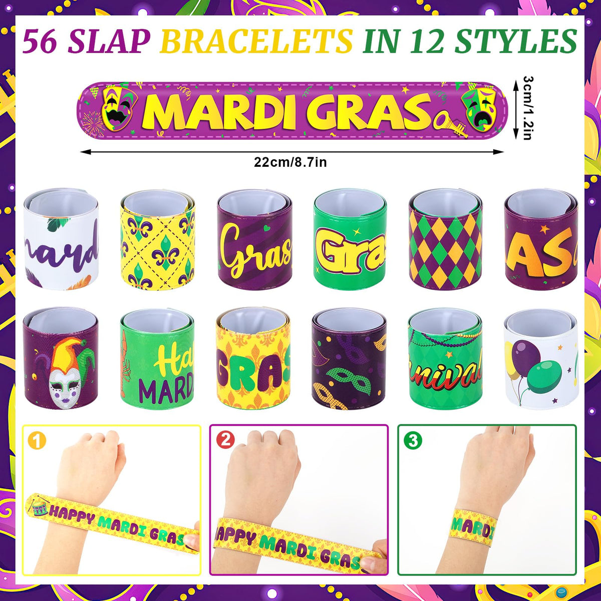 JUNEBRUSHS 56Pcs Mardi Gras Slap Bracelets - Colorful Carnival Wristbands & Party Favors