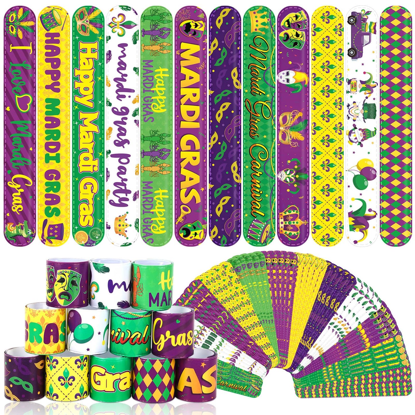 JUNEBRUSHS 56Pcs Mardi Gras Slap Bracelets - Colorful Carnival Wristbands & Party Favors