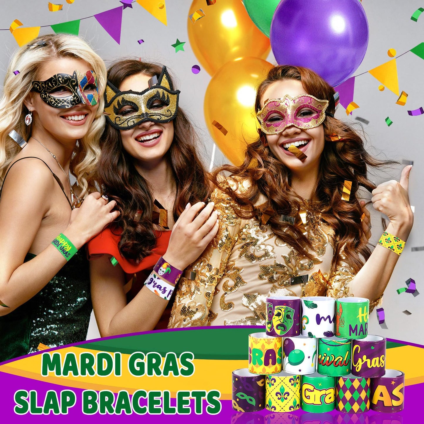 JUNEBRUSHS 56Pcs Mardi Gras Slap Bracelets - Colorful Carnival Wristbands & Party Favors
