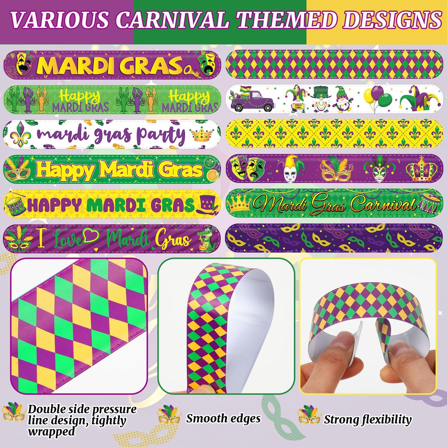 JUNEBRUSHS 56Pcs Mardi Gras Slap Bracelets - Colorful Carnival Wristbands & Party Favors