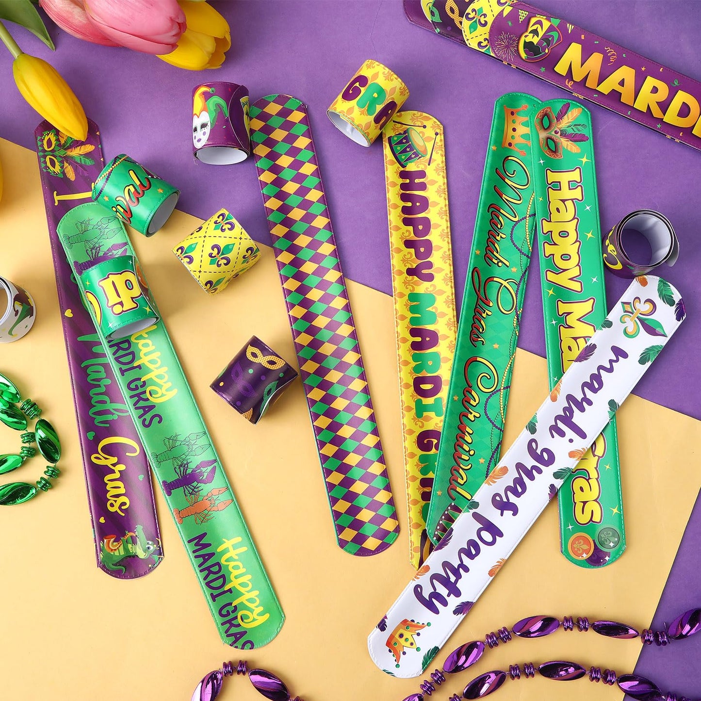 JUNEBRUSHS 56Pcs Mardi Gras Slap Bracelets - Colorful Carnival Wristbands & Party Favors