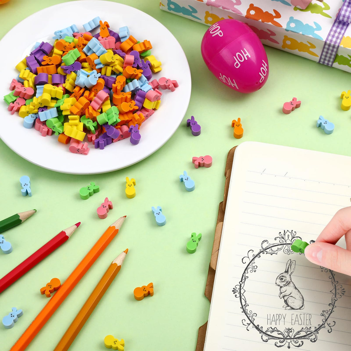 JUNEBRUSHS 300 Pcs Easter Bunny Mini Erasers – 6-Color Bulk Pack for Classroom Prizes
