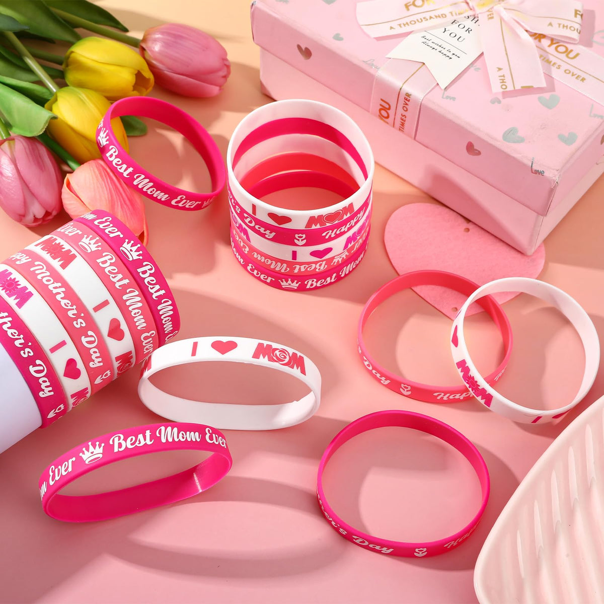 JUNEBRUSHS 42pcs Mother's Day Silicone Bracelets – Party Favors & Goodie Bag Fillers