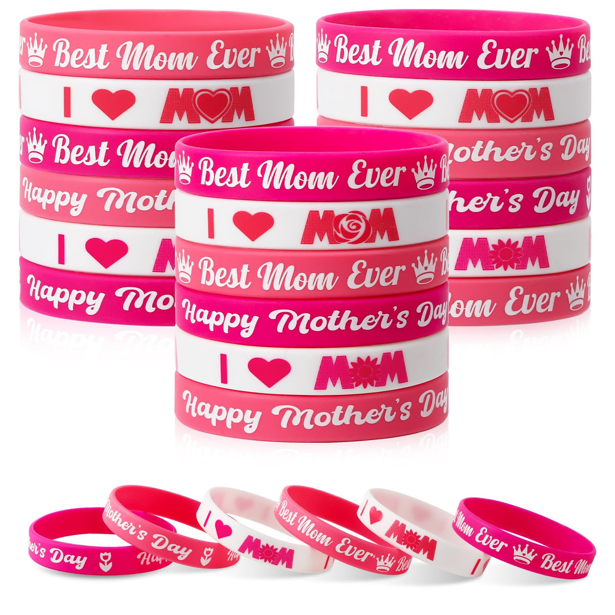 JUNEBRUSHS 42pcs Mother's Day Silicone Bracelets – Party Favors & Goodie Bag Fillers