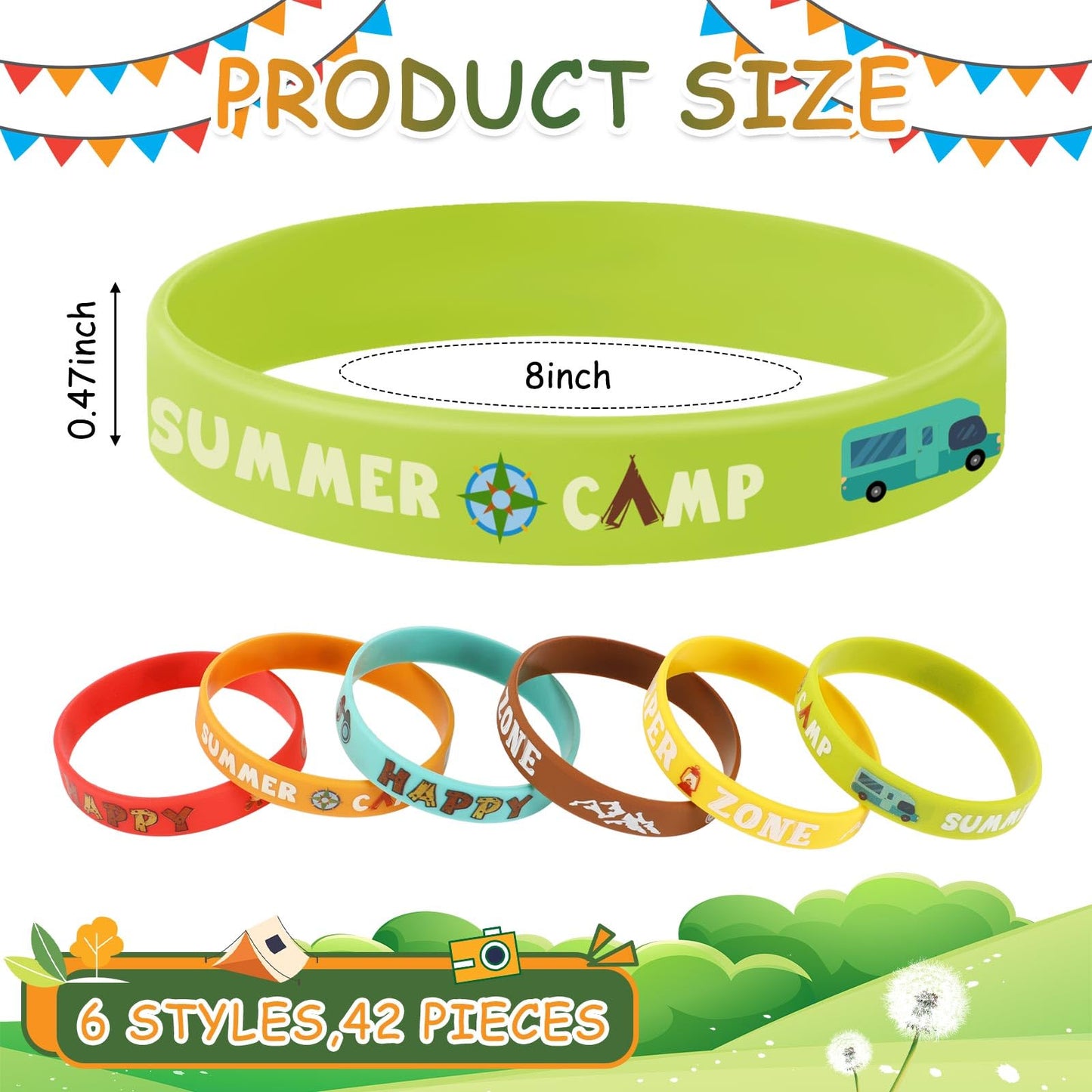 JUNEBRUSHS 42pcs Camping Silicone Bracelets – 6 Designs for Kids & Adults