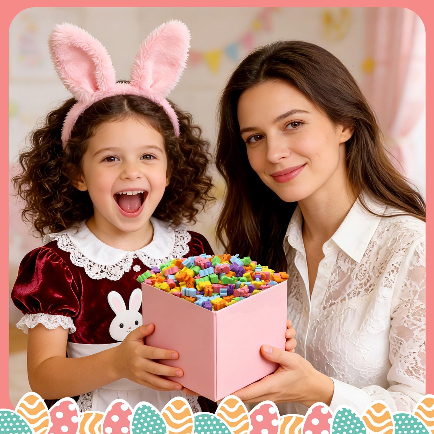 JUNEBRUSHS 300 Pcs Easter Bunny Mini Erasers – 6-Color Bulk Pack for Classroom Prizes
