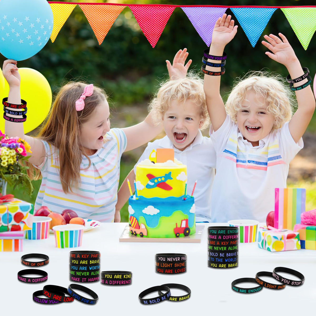 JUNEBRUSHS 64pcs Motivational Silicone Bracelets — Black, 16 Designs for Classroom Rewards & Back-to-School Gifts