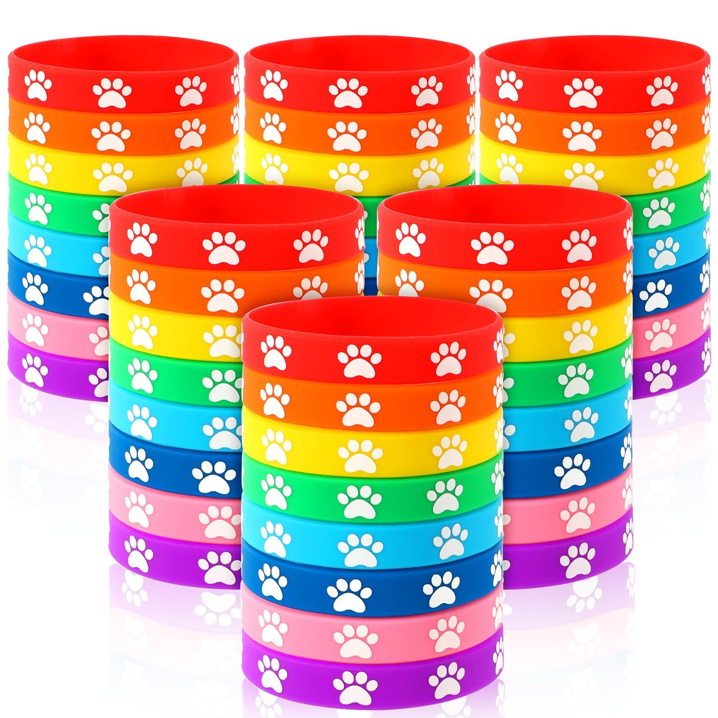 JUNEBRUSHS 56Pcs Paw Print Silicone Bracelets – 8 Designs for Dog Birthday Parties, Favors & Decorations