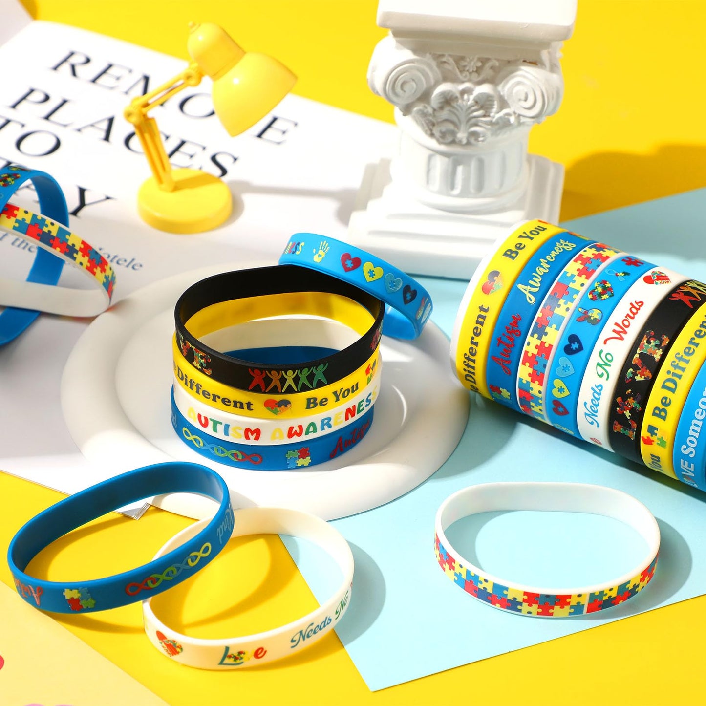 JUNEBRUSHS 42pc Autism Awareness Silicone Bracelets – 7 Puzzle-Design Styles