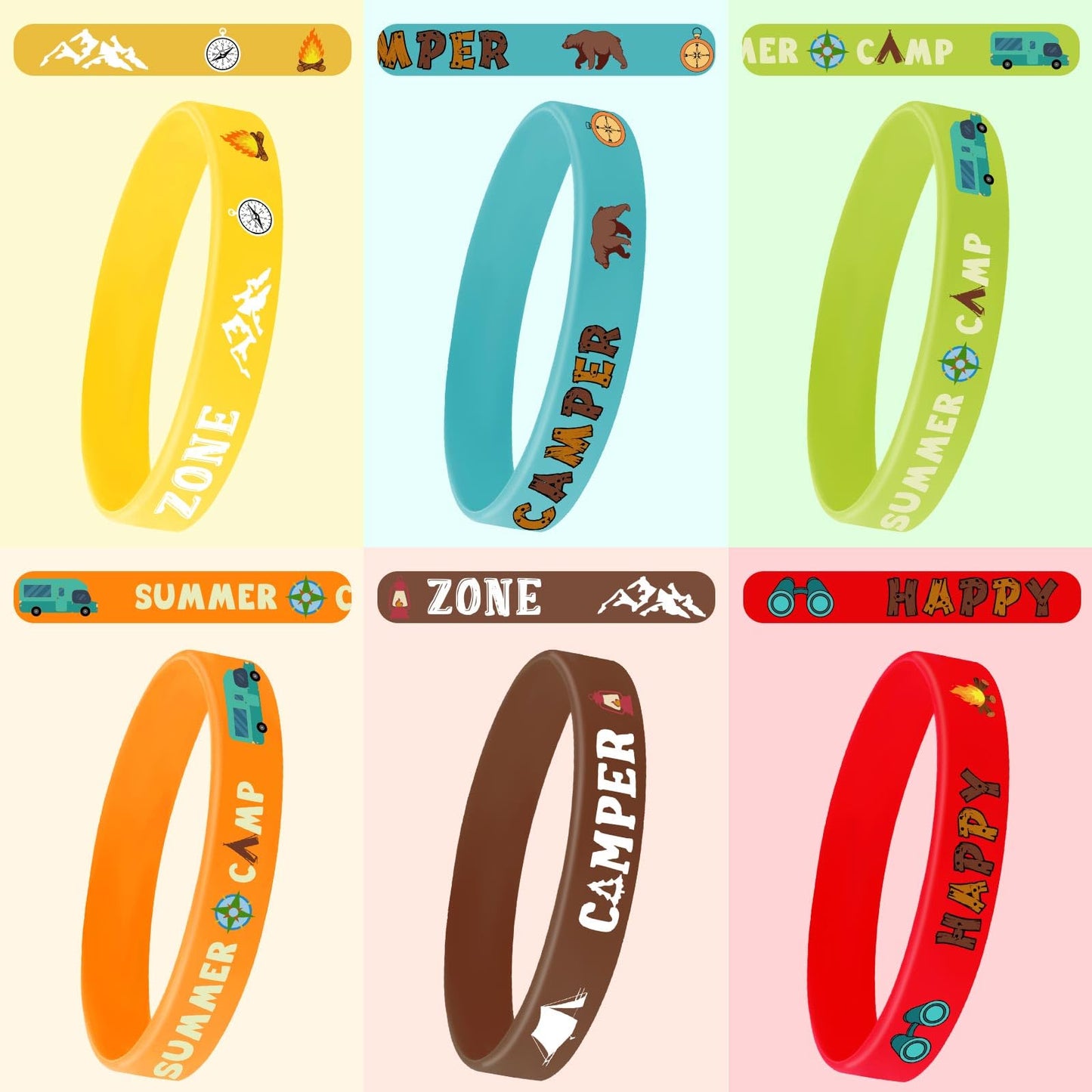 JUNEBRUSHS 42pcs Camping Silicone Bracelets – 6 Designs for Kids & Adults