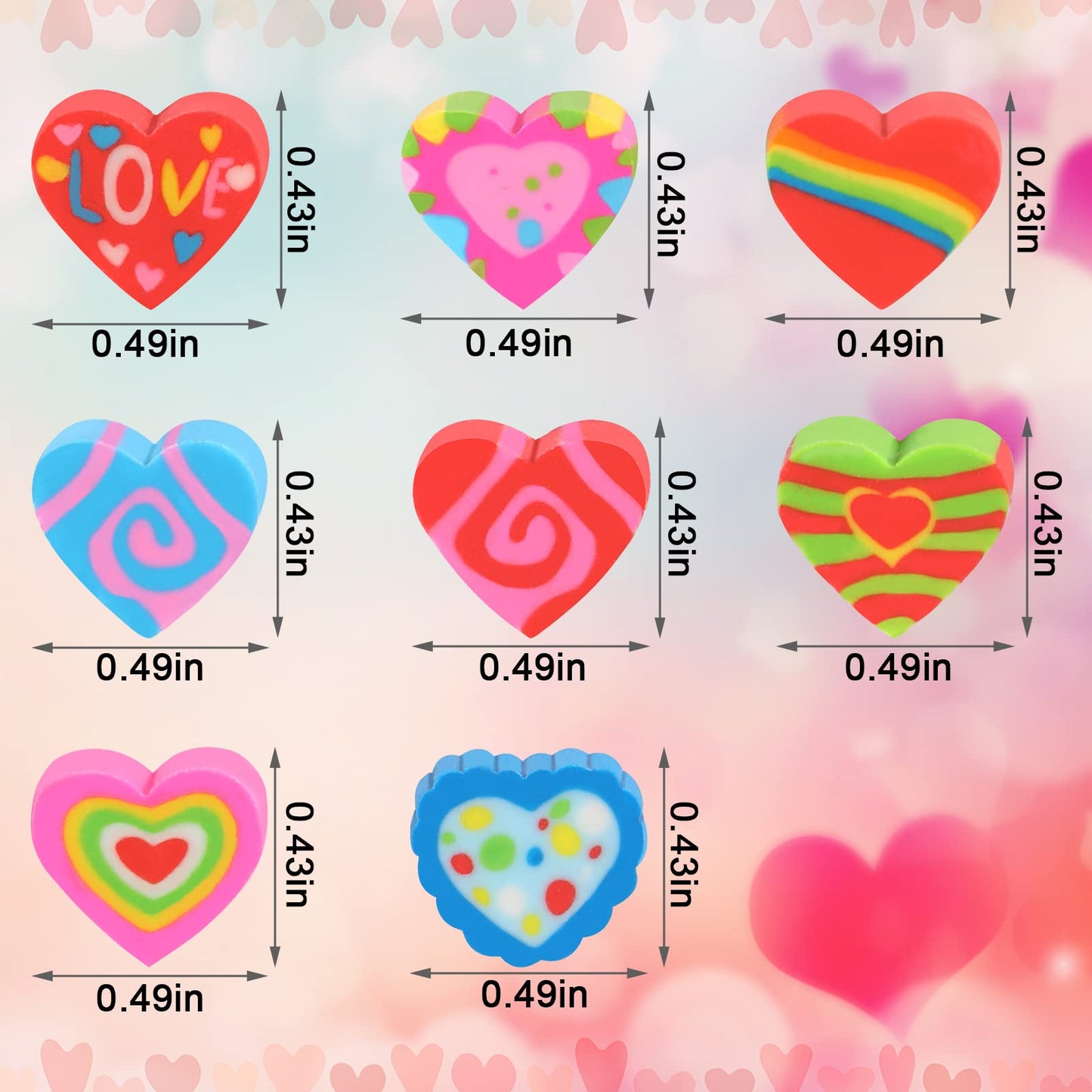 JUNEBRUSHS Erasers for Kids Bulk – 150 Heart Mini Erasers for Classrooms & Party Favors