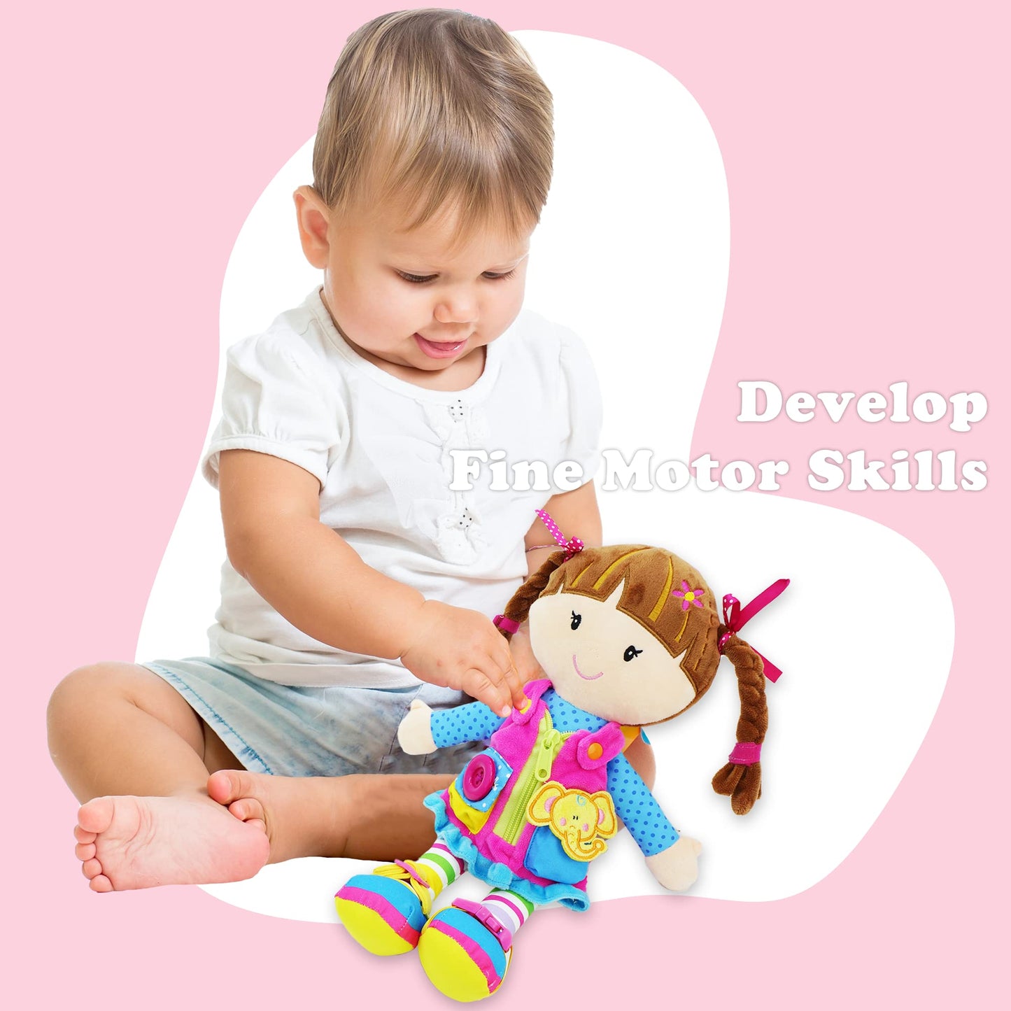 June Garden Dressy Friends Belle 15.5-Inch Montessori Dress-Up Plush | Educational Stuffed Doll for Kids 2 Years and Up