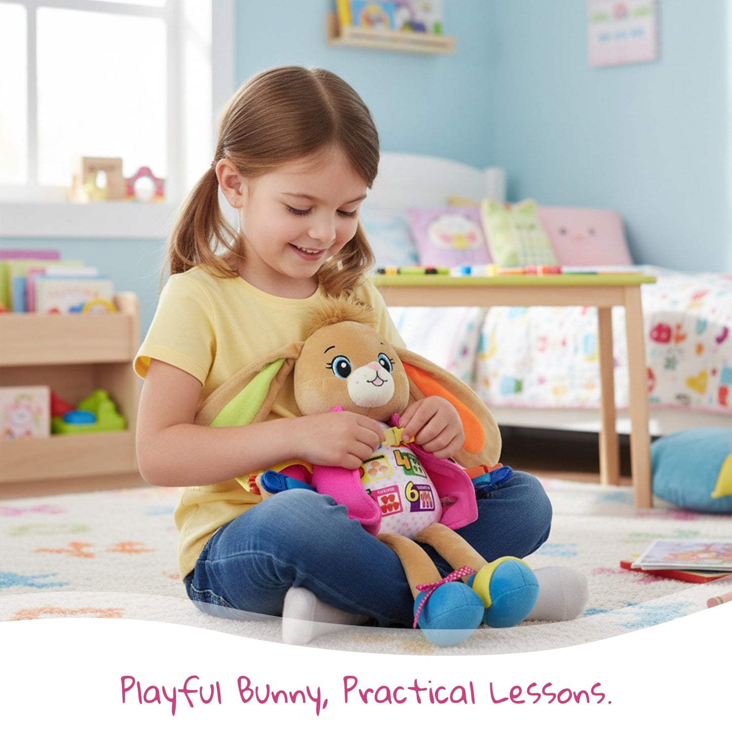 June Garden Dressy Friends Bunnie – Educational 16-inch Plush Doll for Toddlers 2+ | Montessori Dress-Up Toy