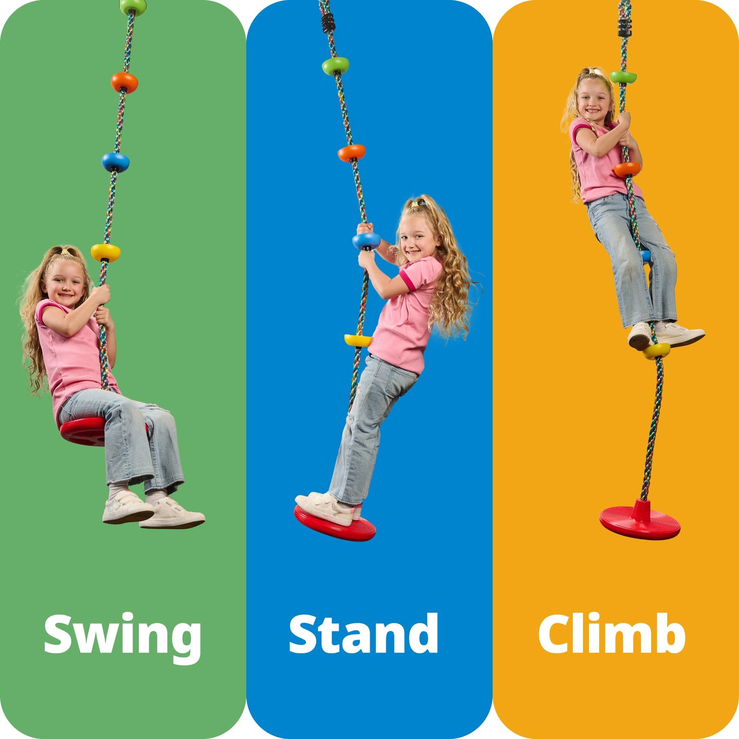 Jungle Gym Kingdom Tree Swing for Kids – Disc Seat & Rainbow Rope with Carabiner (Yellow)