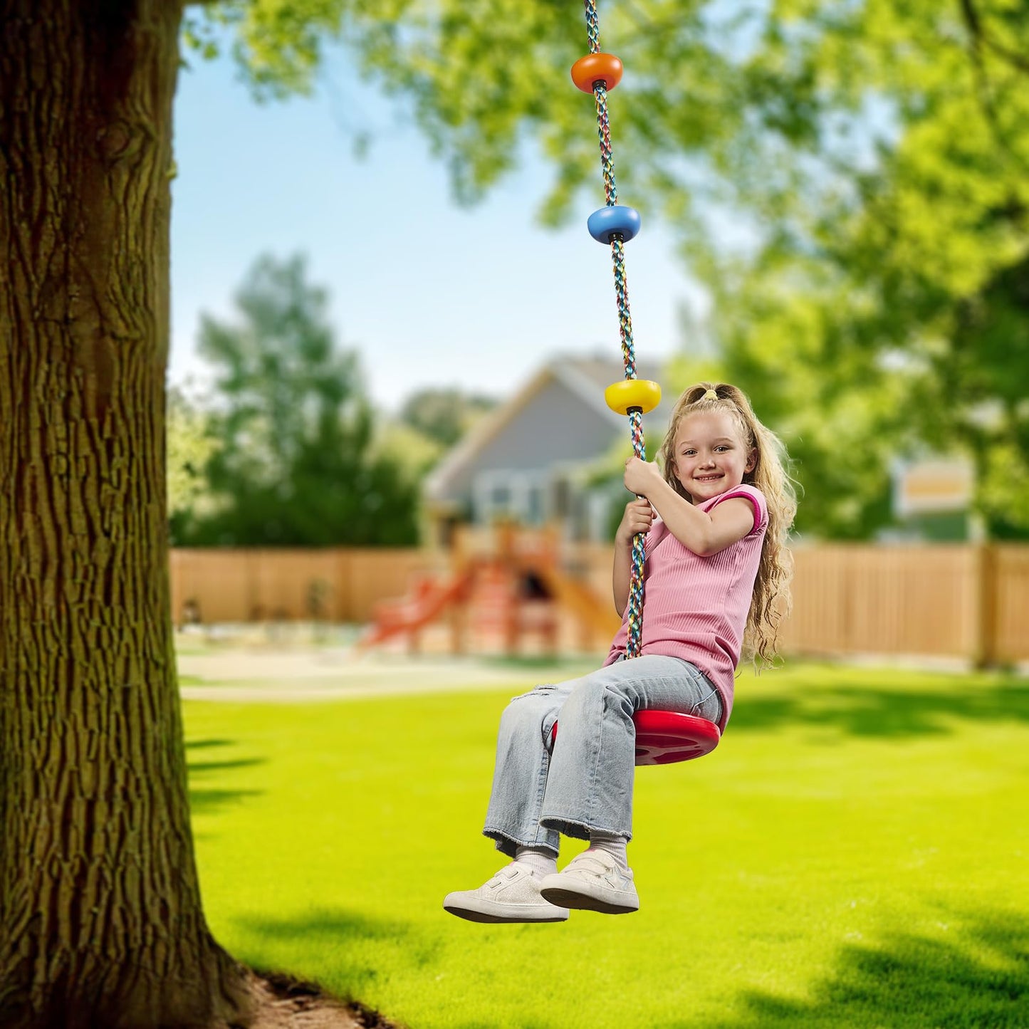 Jungle Gym Kingdom Tree Swing for Kids – Disc Seat & Rainbow Rope with Carabiner (Yellow)