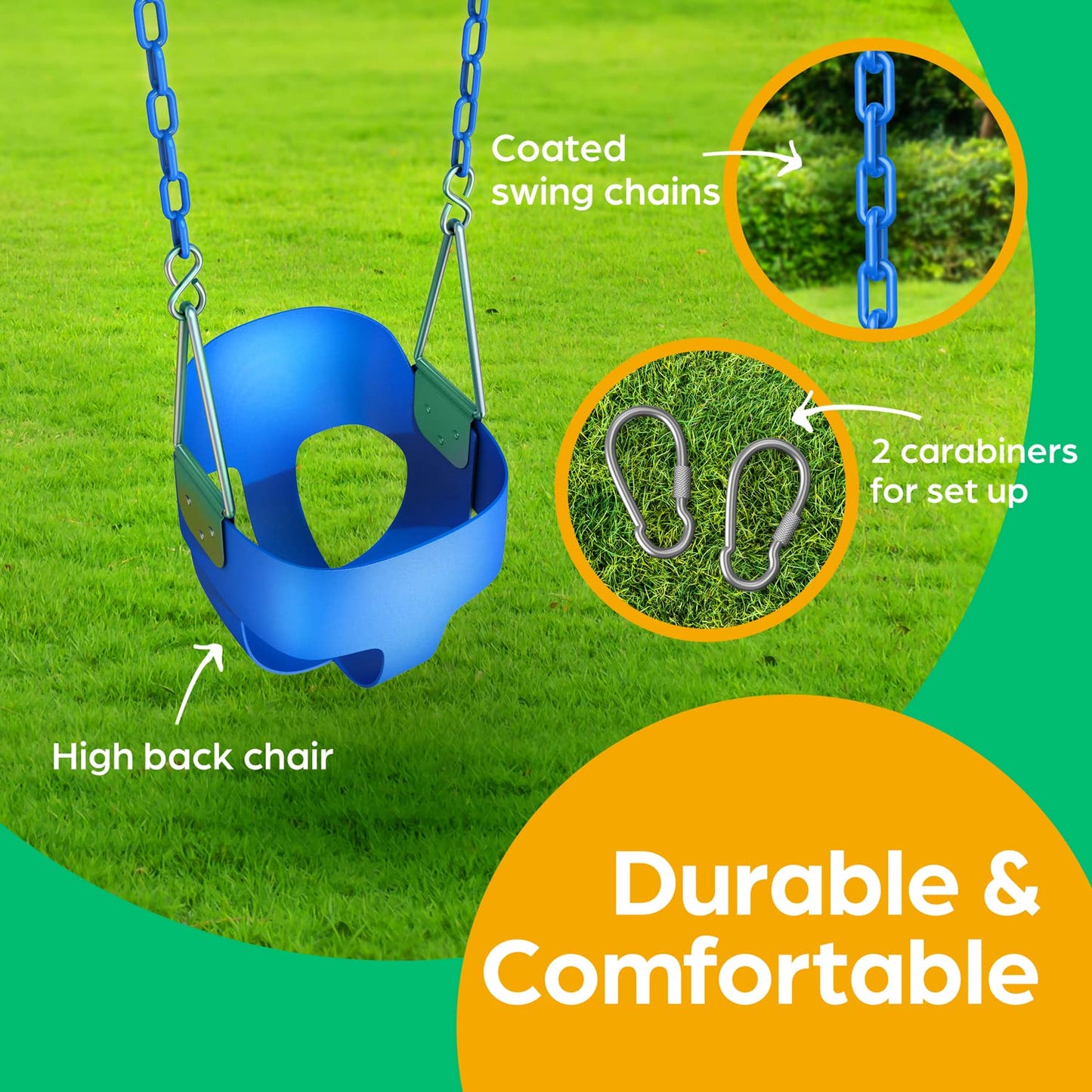 Jungle Gym Kingdom Toddler Swing - Heavy Duty Full Bucket Seat with Coated Chains, Blue – Fully Assembled